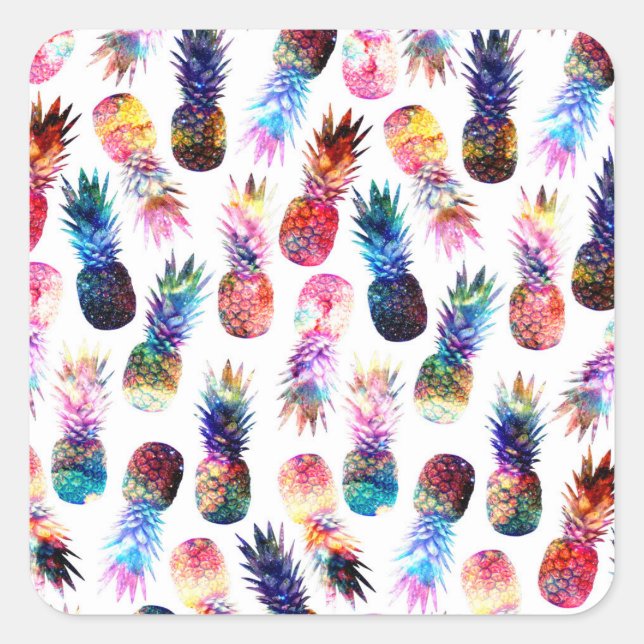 Aquarellfarbe und Nebula Ananas Illustration Quadratischer Aufkleber (Vorderseite)