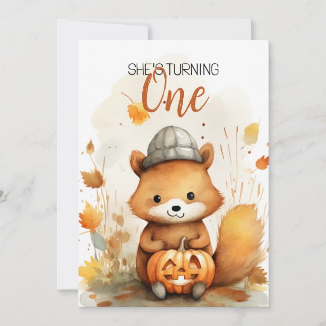 Aquarellfarbe Weiß & Braun Fox Herbst 1. Geburtsta Einladung (Vorderseite)