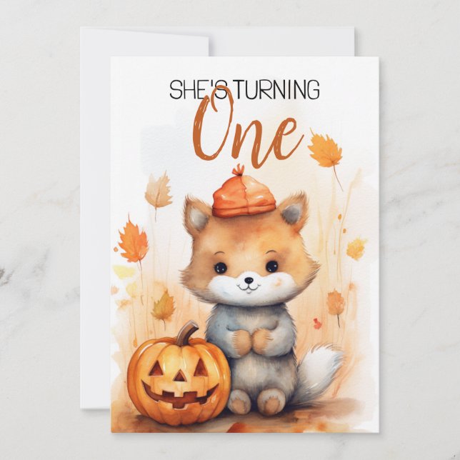 Aquarellfarbe Weiß & Braun Fox Herbst 1. Geburtsta Einladung (Vorderseite)