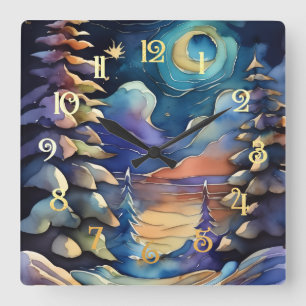 Aquarellfarben Abstrakt Winter Szene Weihnachten Quadratische Wanduhr