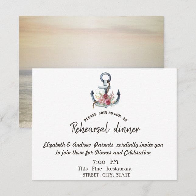 Aquarellfarben Anchor Blume Probe Abendessen Einladung (Vorne/Hinten)