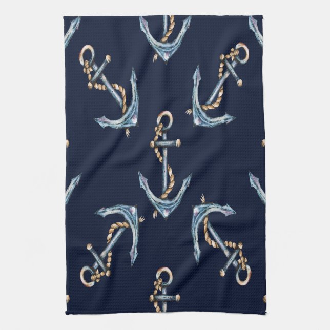 Aquarellfarben Anchors Navy Blue Geschirrtuch (Vertikal)