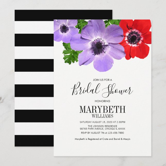 Aquarellfarben Anemone Brautparty Card Einladung (Vorne/Hinten)