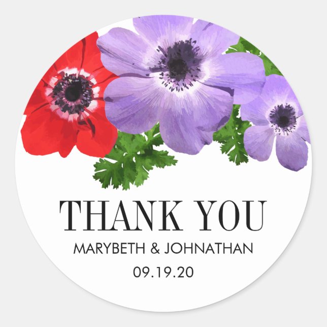 Aquarellfarben Anemone Gastgeschenk Hochzeit Runder Aufkleber (Vorderseite)