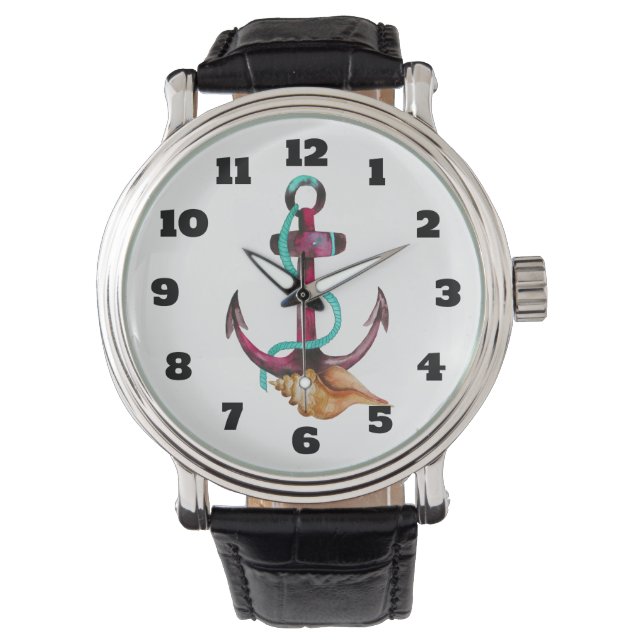 Aquarellfarben-Anker mit Seil und Muschel Armbanduhr (Vorderseite)