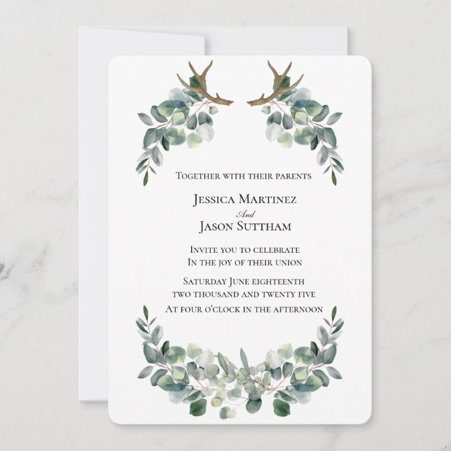 Aquarellfarben Antler & Eukalyptus Viking Wedding Einladung (Vorderseite)