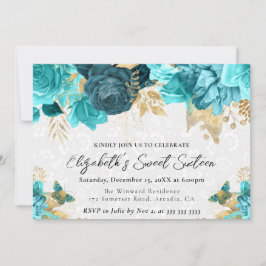 Aquarellfarben Aquamarin und Gold-Blume 16 . Gebur Einladung