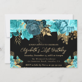 Aquarellfarben Aquamarin und Gold Blume 21. Geburt Einladung