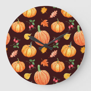 Aquarellfarben Autumn Pumpkin Floral Pattern Große Wanduhr
