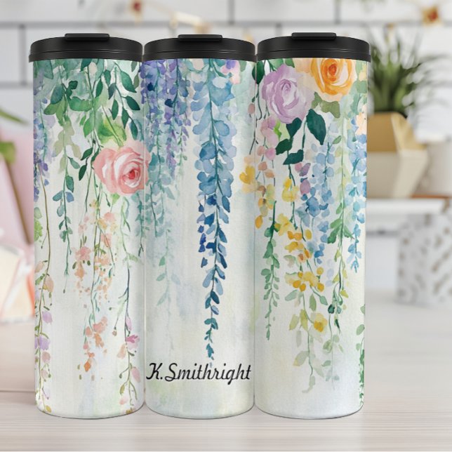 Aquarellfarben beeinflussende Pflanze mit Blume Thermosbecher (Von Creator hochgeladen)