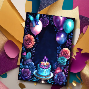 Aquarellfarben Birthday Balloons Cake Navy Lila Einladung