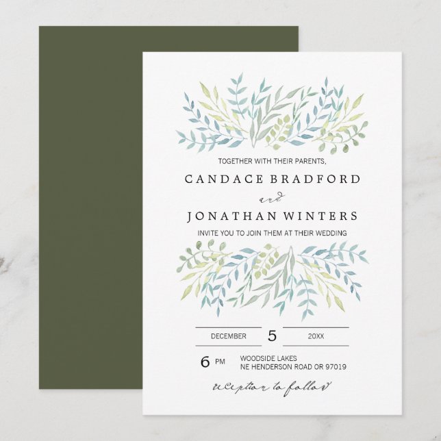 Aquarellfarben-Blätter bei Hochzeiten von Grünem H Einladung (Vorne/Hinten)