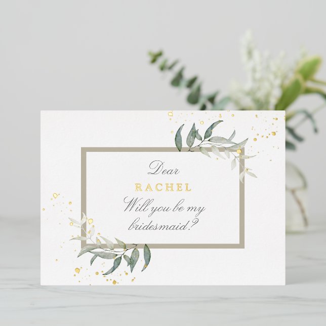 Aquarellfarben Blätter Bridesmaid Vorschlag Folie  Folieneinladung (Stehend vorne)