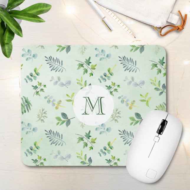 Aquarellfarben Blätter Foliage Greenery Monogram Mousepad (Von Creator hochgeladen)