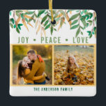 Aquarellfarben Blätter Grüne und Gelbe Fotomateria Keramikornament<br><div class="desc">Moderne Weihnachtsschmuck mit Joy Peace Liebe Family auf dem Foto sowie 2 Bilder. Die Einrichtung ist mit Aquarellfarben-Blätter in Grün und Gelb gestaltet.</div>