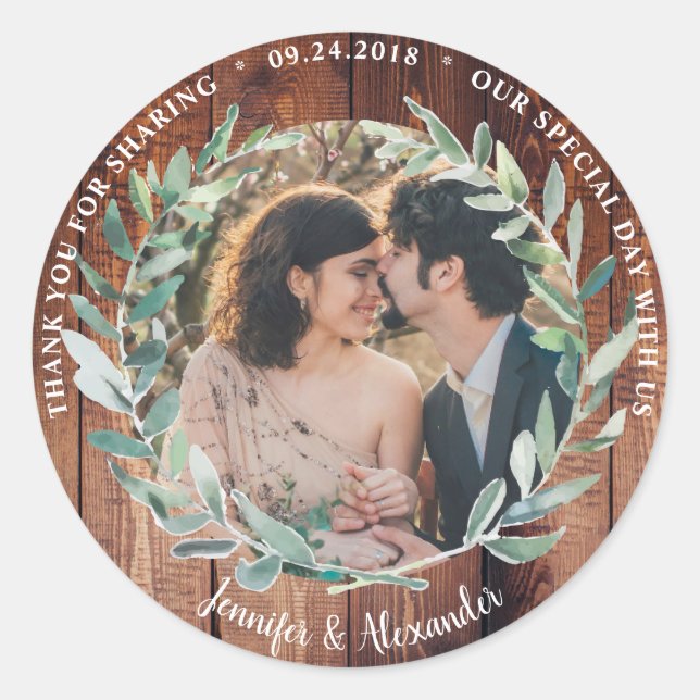 Aquarellfarben Blätter Holz Hochzeit Danke Foto Runder Aufkleber (Vorderseite)