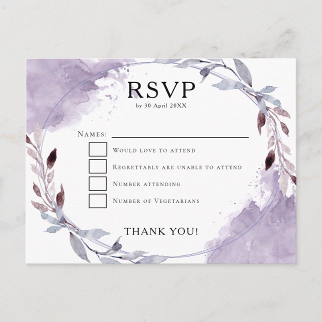 Aquarellfarben Blätter Lila Lilac Gray Wedding RSV Postkarte (Vorderseite)