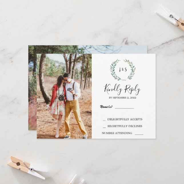 Aquarellfarben Blätter monogramm Foto Hochzeit RSV Einladung (Vorderseite/Rückseite Beispiel)
