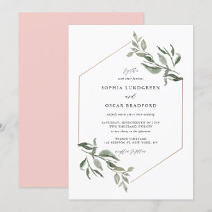 Aquarellfarben Blätter Rose Goldrahmen Hochzeit Einladung