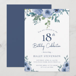 Aquarellfarben Blau Blütenblume 18. Chic Geburtsta Einladung