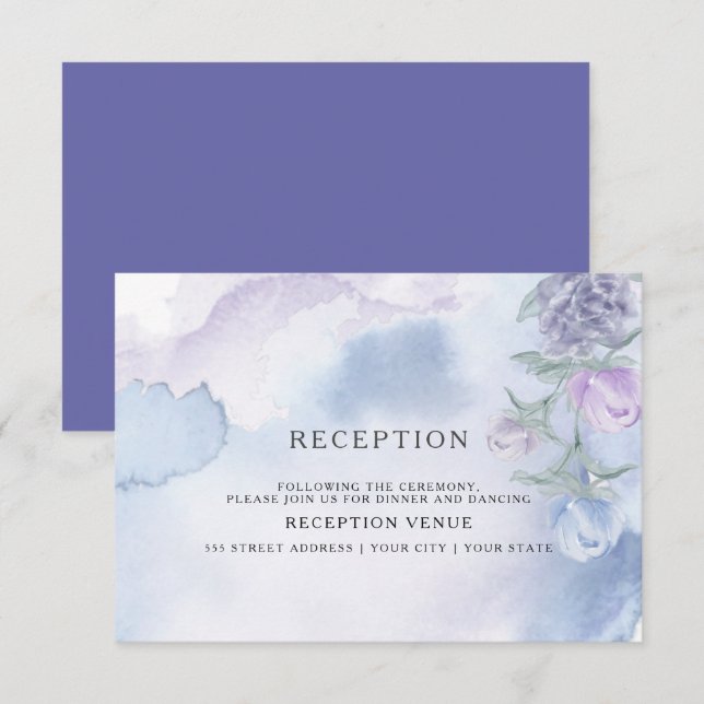 Aquarellfarben, blau, floralblau einladung (Vorne/Hinten)
