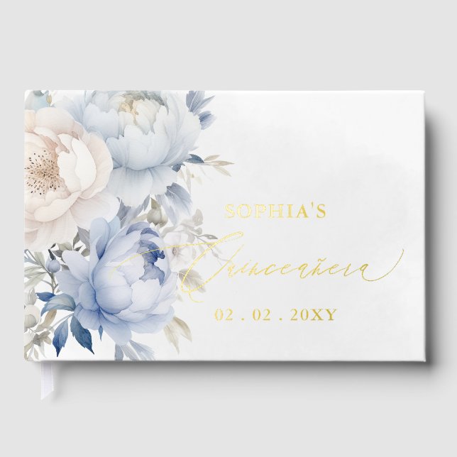 Aquarellfarben, blau, floralblau, Quinceñera Gästebuch (Vorderseite)