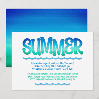 Aquarellfarben Blau & Grüne Wellen Sommer Party Einladung