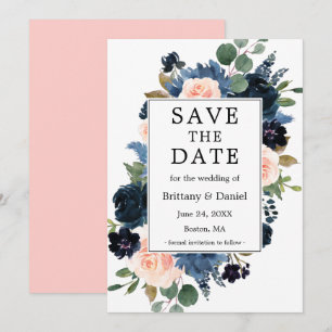 Aquarellfarben Blau Rosa Blütenfarbenrahmen Save The Date