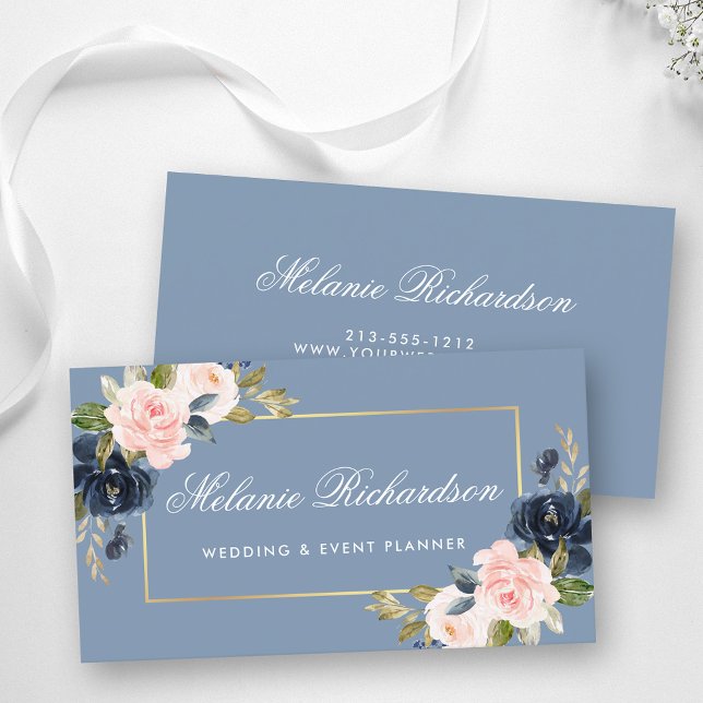 Aquarellfarben Blau Rosa Blütenrot Gold Visitenkarte (Customize to change text size, style or color.)