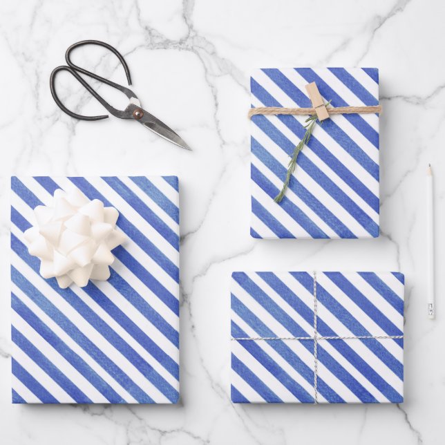 Aquarellfarben Blau und Weiße Streifen Geschenkpapier Set (Vorderseite)