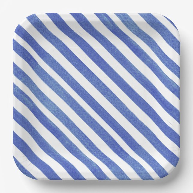 Aquarellfarben Blau und Weiße Streifen Pappteller (Vorderseite)