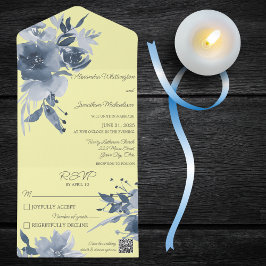 Aquarellfarben, blaue Blüte, gelber QR-Code All In One Einladung