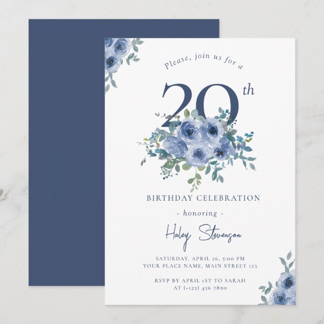 Aquarellfarben Blauer Blumenstrauß 20. Chic Geburt Einladung (Vorne/Hinten)