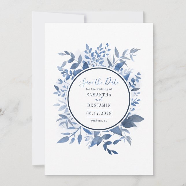 Aquarellfarben Blauer Navy Blue Script Save the Da Save The Date (Vorderseite)