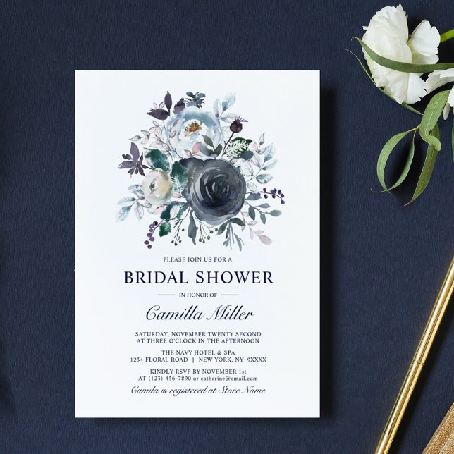 Aquarellfarben, blaues Navy-Floral-Brautparty Einladung (Watercolor Dusty Blue Navy Floral Bridal Shower Invitation)