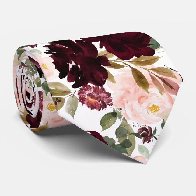 Aquarellfarben Blume Burgundy Blush Krawatte (Gerollt)