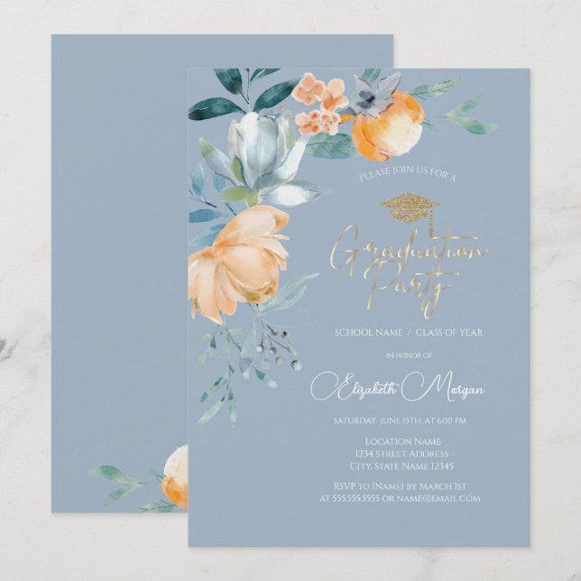 Aquarellfarben-Blume Dusty Blue Graduation Party Einladung (Vorne/Hinten)
