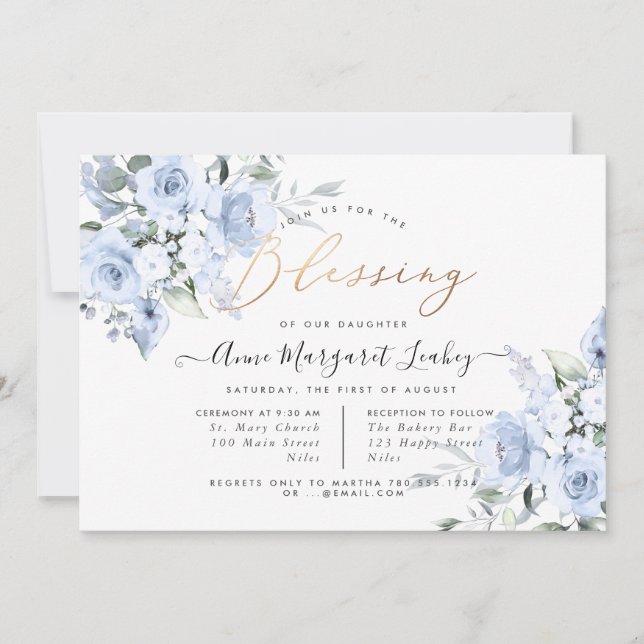 Aquarellfarben Blume Dusty Blue Rose Segeln Einladung (Vorderseite)