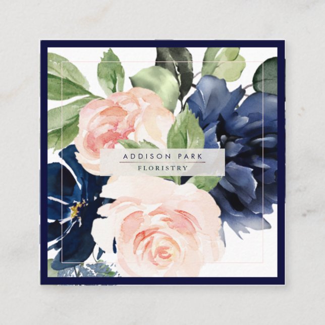 Aquarellfarben Blume Dusty Navy Blush Quadratische Visitenkarte (Vorderseite)