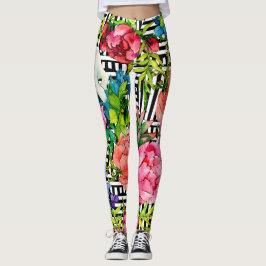 Aquarellfarben Blume Geometrisches Schwarz-weißes Leggings