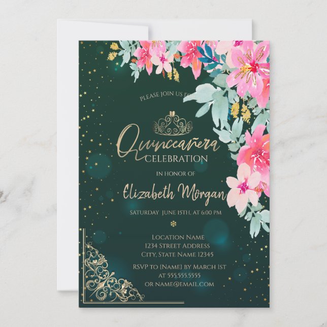 Aquarellfarben Blume Green Gold Tiara, Quinceañera Einladung (Vorderseite)