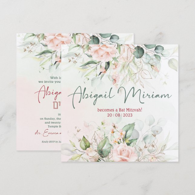 Aquarellfarben Blume Hebräisches Bat Mitzvah Einla Einladung (Vorne/Hinten)