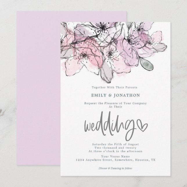 Aquarellfarben Blume Lilac Pink Script Hochzeit Einladung (Vorne/Hinten)