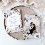 Aquarellfarben-Blume mit Foto- und QR-Code-Hochzei Einladung<br><div class="desc">Diese wunderschöne Hochzeitseinladung besticht durch einen Vintagen Aquarellrahmen in Rosa und lila Hydrangea-Blume und Rose mit elegantem, modernem Drehbuch und klassischem Text. Auf der Rückseite der Einladung befindet sich Ihr Foto, umgeben von einem anderen Blumenrahmen, und ein QR-Code, damit Ihre Gäste Ihre Hochzeitswebsite besuchen können, um mehr Details zu erfahren....</div>