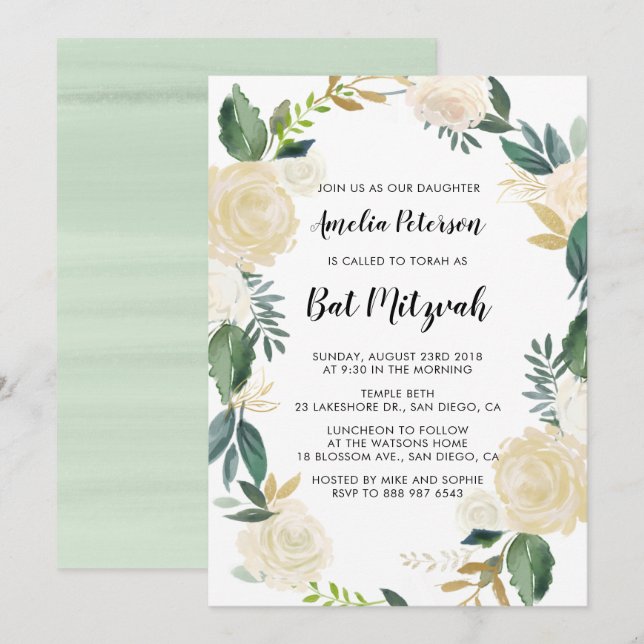 Aquarellfarben-Blume mit Gold-Glitzer-Bat Mitzvah Einladung (Vorne/Hinten)