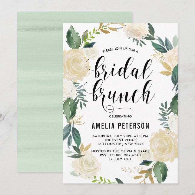 Aquarellfarben-Blume mit Gold Glitzer Bridal Brunc Einladung (Vorne/Hinten)