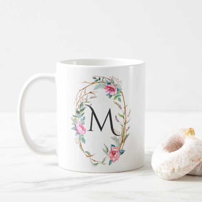 Aquarellfarben-Blume mit Twigs-Wreath-Monogramm-Ta Kaffeetasse (Mit Donut)