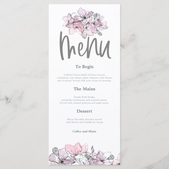 Aquarellfarben Blume Pink Lilac Script Hochzeit Menükarte (Vorderseite)