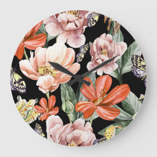 Aquarellfarben Blume: Rose Lilie von Peony Große Wanduhr