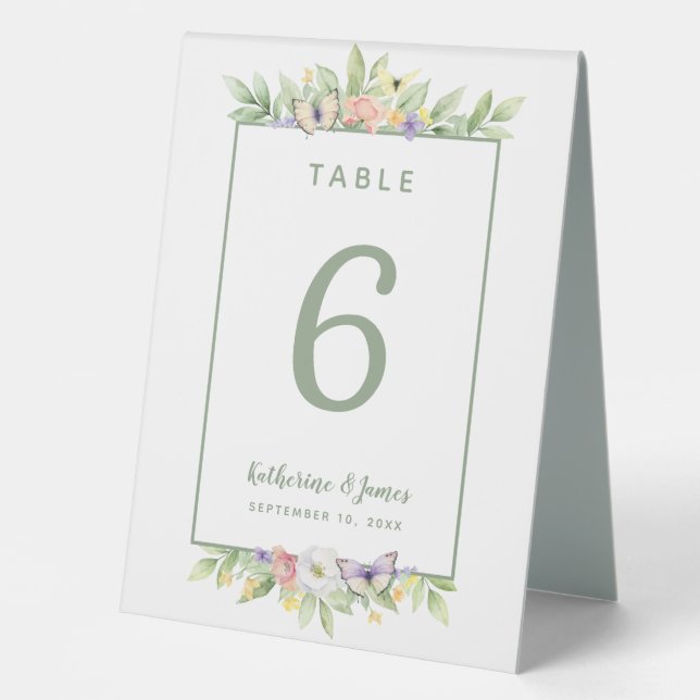 Aquarellfarben Blume Schmetterlinge Hochzeitssage  Tischaufsteller (Vorderseite)